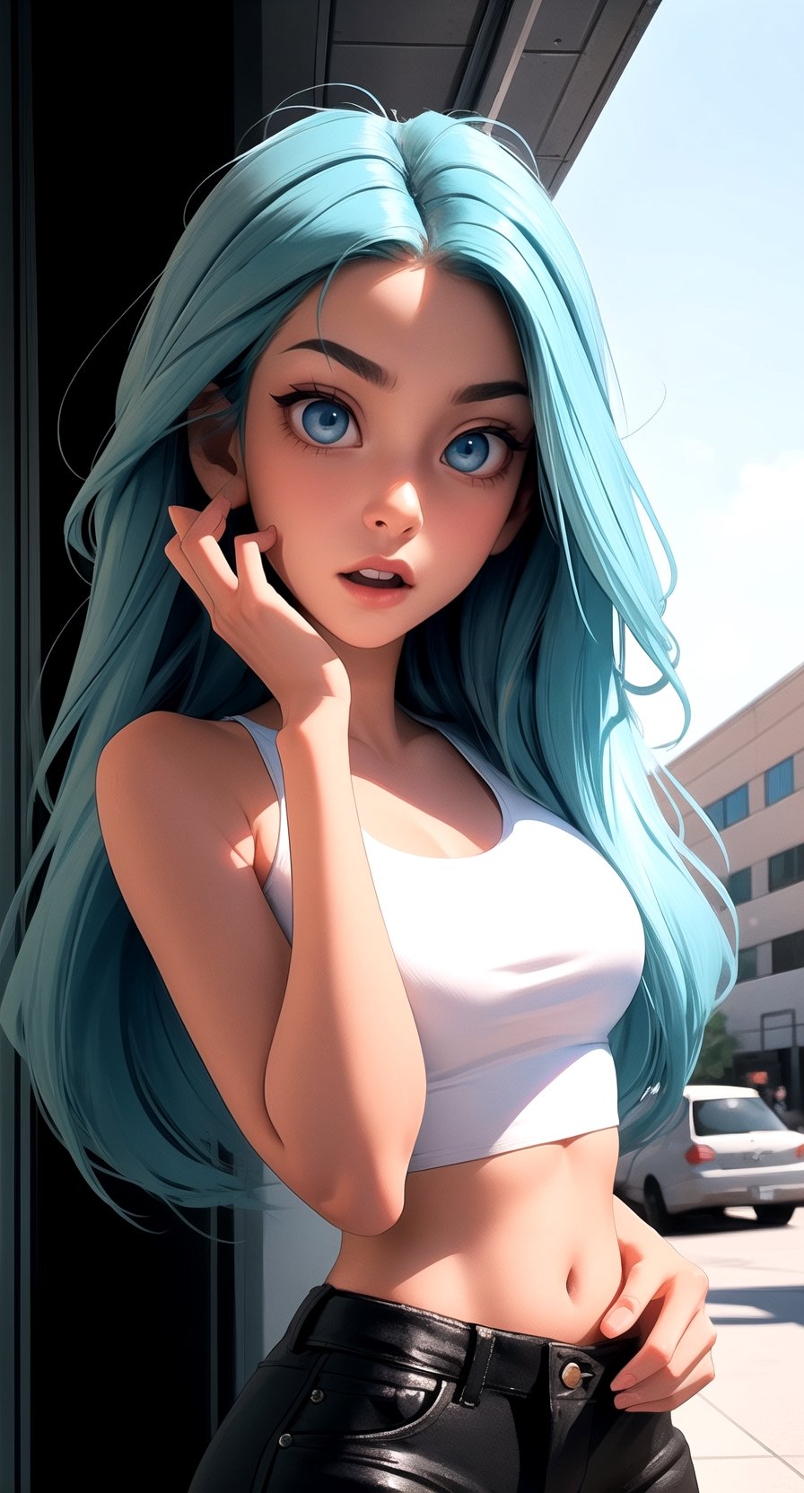 blue eyes aqua hair with black streaks in the hair in a modern city, loose white crop top, girl with long beautiful high_school_girl,SAM YANG, looking amazed at something, hands on face, mouth wide open, "woah" face, "wow", Wow_face