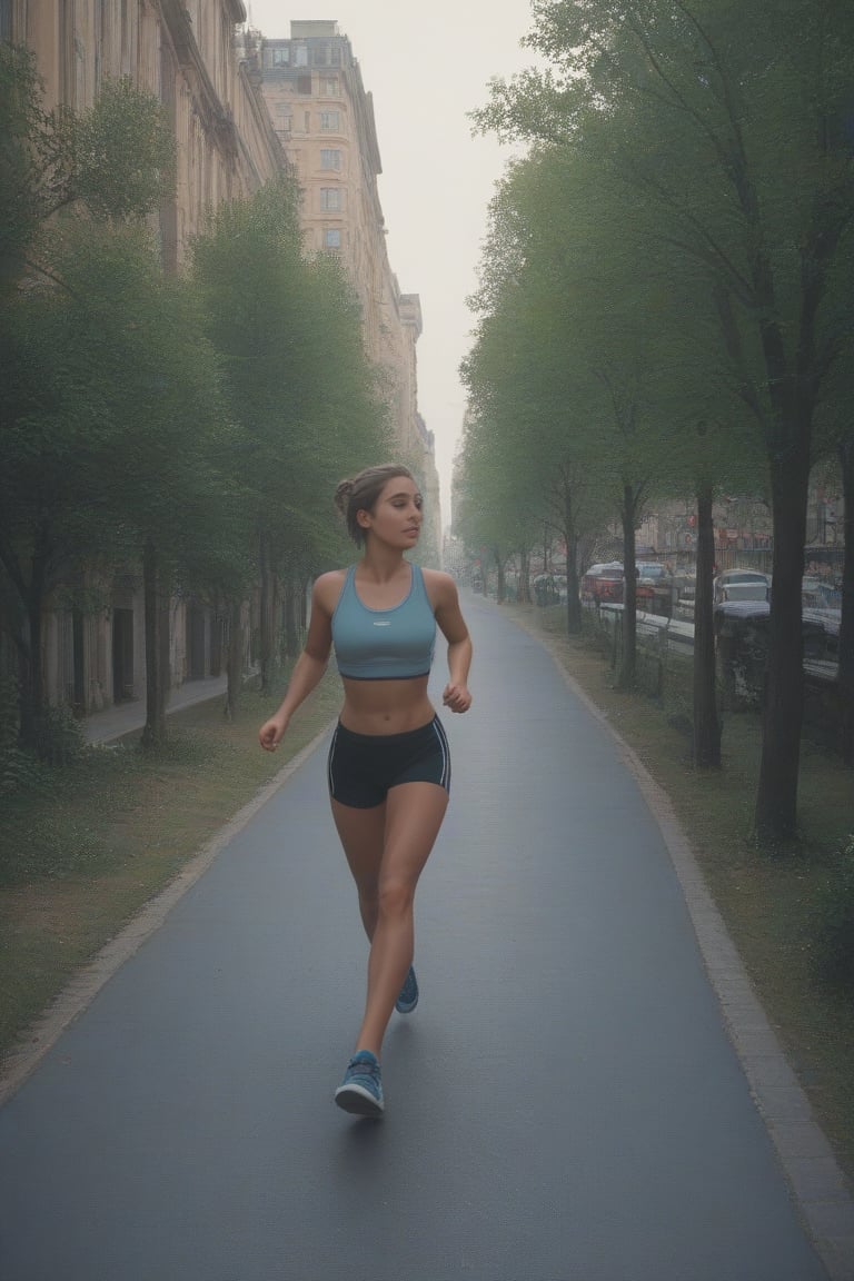 score_9,score_7_up,score_8_up, 1girl, athletic girl, jogging, city streets by Paris river, scenic path, trees, benches,