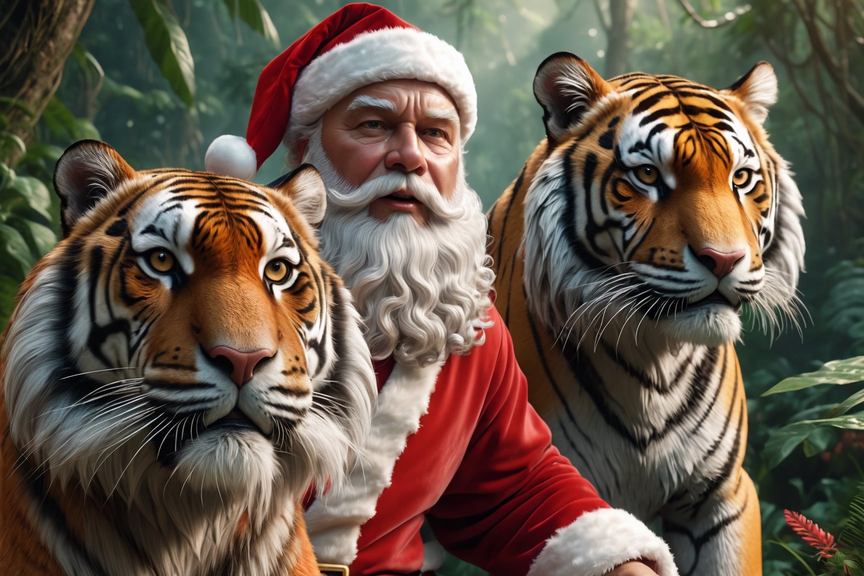 (masterpiece, 8k, raw, ultra realistic), Santa Claus, Santa next to a giant Tiger, beautiful detail jungle scene, magnificent, scenic, extremely detailed, Tiger, ,Tiger 