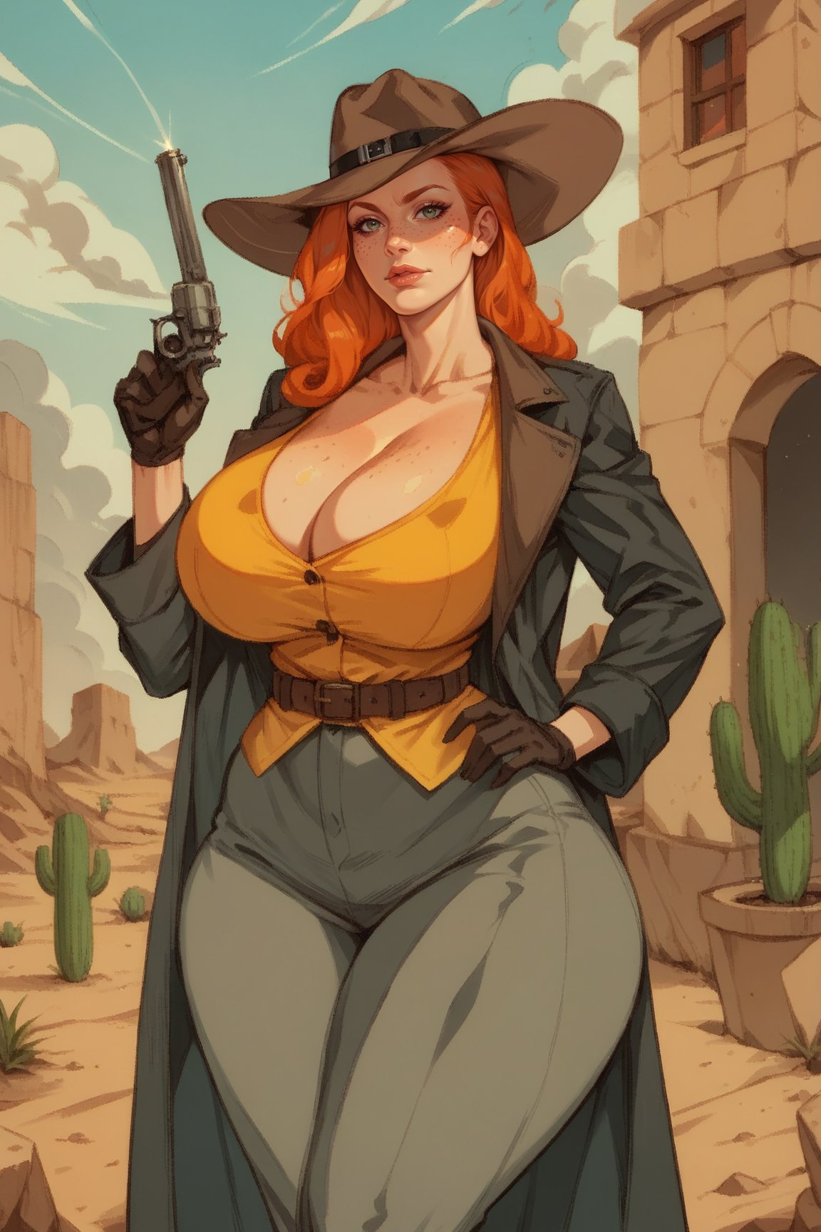 score_9, score_8_up, score_7_up, score_6_up, 1girl, solo, orange hair, ginger, freckles, huge body, (huge breasts, heavy breasts), (wide hips:1.2), lips, Old West, wild west outfit, yellow vest, cleavage, clavicle, collarbone, (black trench coat),  black pants, black hat, one hand holding weapon, revolver pistol, black gloves, belt holster, one hand on hip, wild west setting, desert town, cactus, BREAK, score_9, score_8_up, score_7_up, source_anime, detailed background 