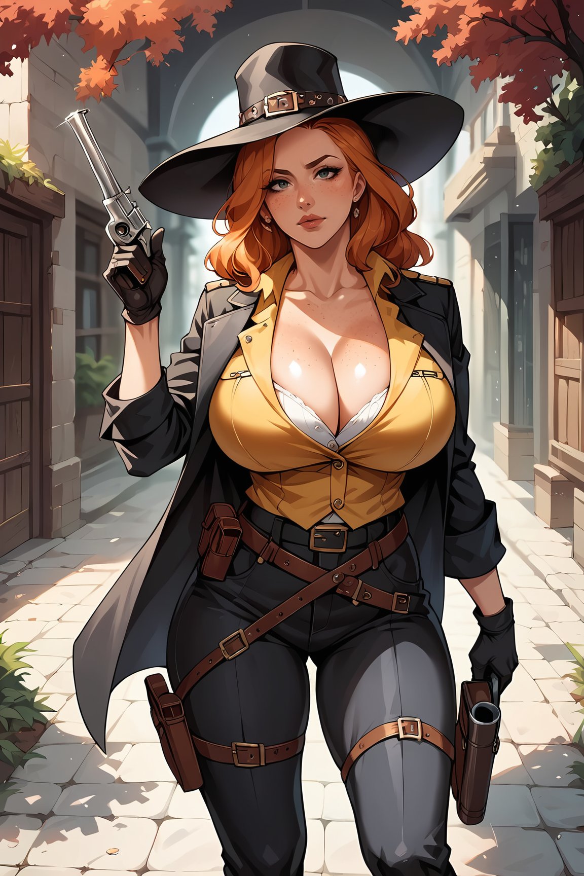 score_9, score_8_up, score_7_up, score_6_up, 1girl, solo, orange hair, ginger, freckles, huge body, huge breasts, (wide hips:1.2), lips, Old West, wild west outfit, yellow vest, cleavage, black trenchcoat, black pants, black hat, holding silver revolver, black gloves, belt holster, wild west setting, BREAK, score_9, score_8_up, score_7_up, source_anime, detailed background , waifu