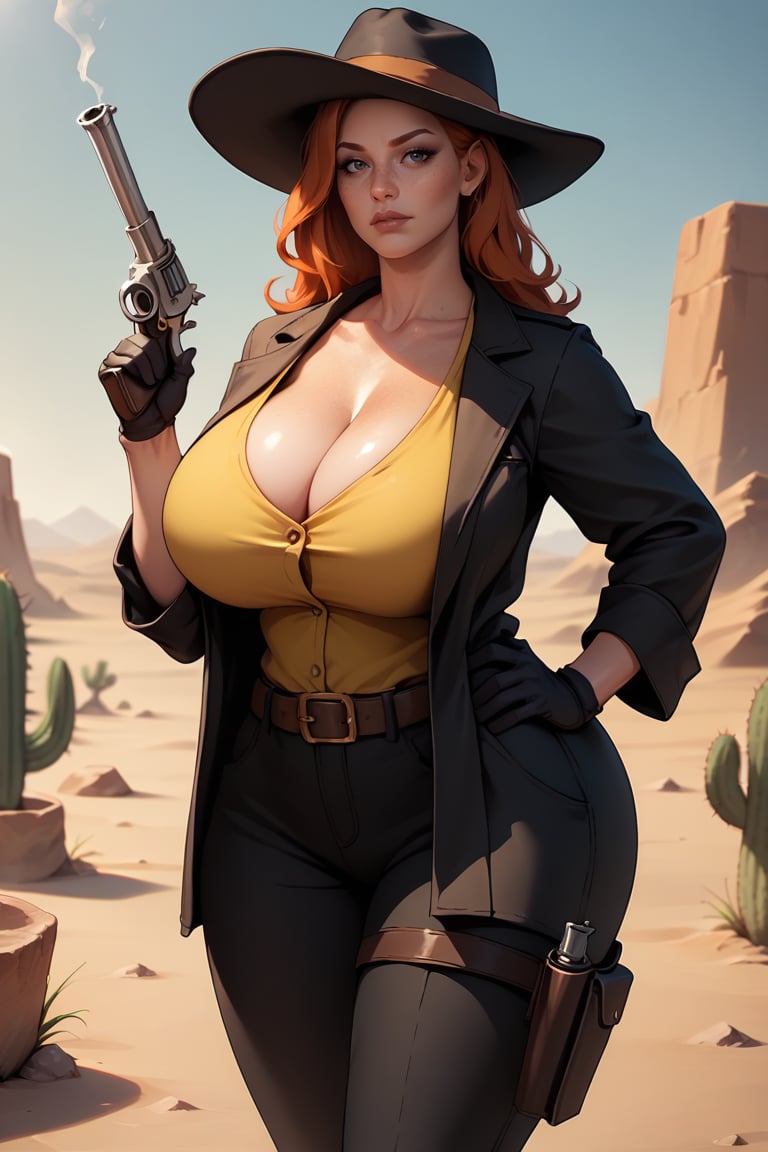 score_9, score_8_up, score_7_up, 1girl, mature female, solo, orange hair, ginger, freckles, huge body, (huge breasts, heavy breasts), (wide hips:1.2), Old West, wild west outfit, yellow vest, cleavage, clavicle, collarbone, (black trench coat), black pants, black hat, one hand holding weapon, revolver pistol, black gloves, belt holster, one hand on hip, wild west setting, desert town, cactus