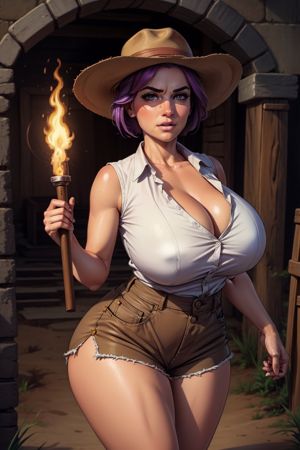 Cowboy shot, (masterpiece, high quality, illustration) Wide angle, Inside a dark ancient Aztec temple, 1girl, mature female, (huge breasts), sagging breasts, purple hair, perfectly explained hands,perfect fingers, plump, wide hips, thick thighs, (taut_clothes), sleeveless white button shirt, taut buttons, tucked_in_shirt, cleavage, bursting_breasts, brown shorts, skindentation, holding up one large wooden torch, (Indiana Jones Hat), covered in dirt, concerned