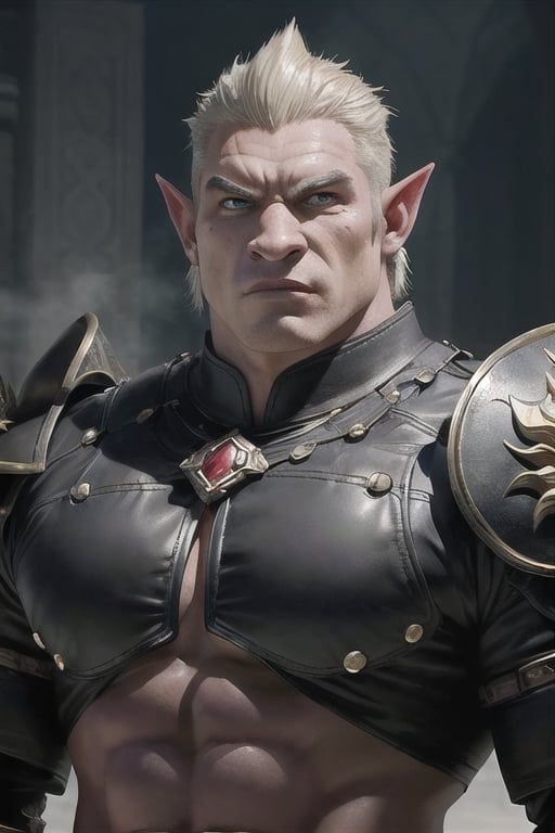 In a fantastical anime world,  bring to life a striking portrait of an imposing White-skinned orc. Towering in height,  hi...