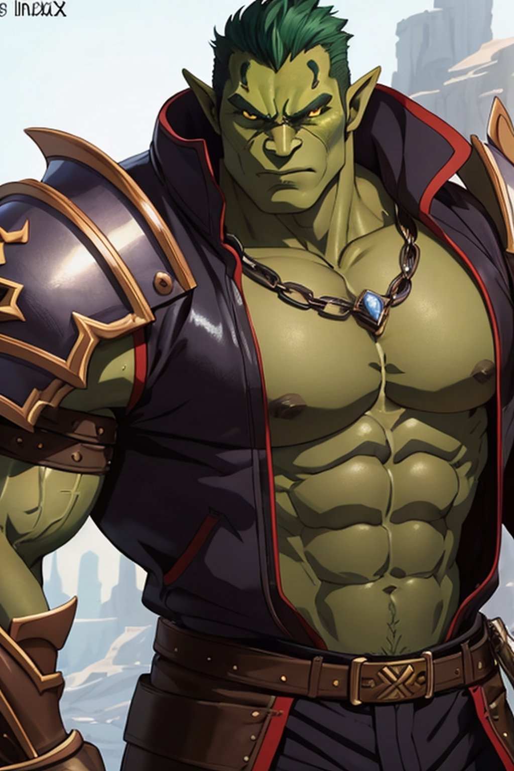 In a fantastical anime world,  bring to life a striking hyper detailed portrait of an imposing green-skinned orc barbarian...