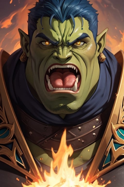 In a fantastical anime world,  bring to life a striking hyper detailed portrait of an imposing green-skinned orc barbarian...
