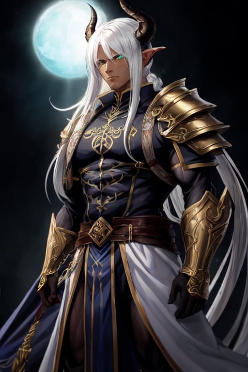 In the ethereal realm of anime,  behold a towering tiefling with dark skin and glowing green eyes,  muscular and imposing...