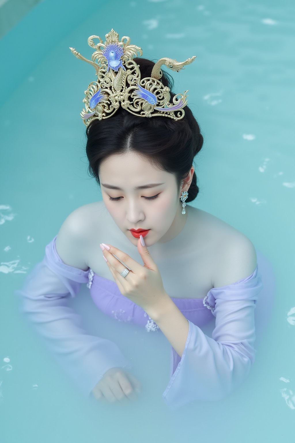 The image is a high-resolution photograph featuring a young East Asian woman submerged partially in water. She has fair skin and is wearing a traditional, elaborate headdress adorned with intricate golden and blue designs, resembling a dragon or phoenix. Her dark hair is styled in an elaborate updo, with some strands floating on the water. She wears a light purple dress that is partially visible above the water, and her makeup is striking, with bold red lipstick and subtle eye makeup. Her expression is serene and slightly contemplative, with her gaze directed slightly downward. The water around her is a soft, light blue, creating a tranquil and dreamlike atmosphere. The texture of the water is smooth, with gentle ripples and a reflective quality that enhances the ethereal feel of the image. The background is a soft, pastel blue, adding to the serene and otherworldly ambiance. The woman’s delicate hand is visible, with a ring on her finger, and she holds a ribbon or flower gently in her fingers. The overall mood of the image is serene and mystical, with a focus on the subject’s beauty and the ethereal quality of the setting.