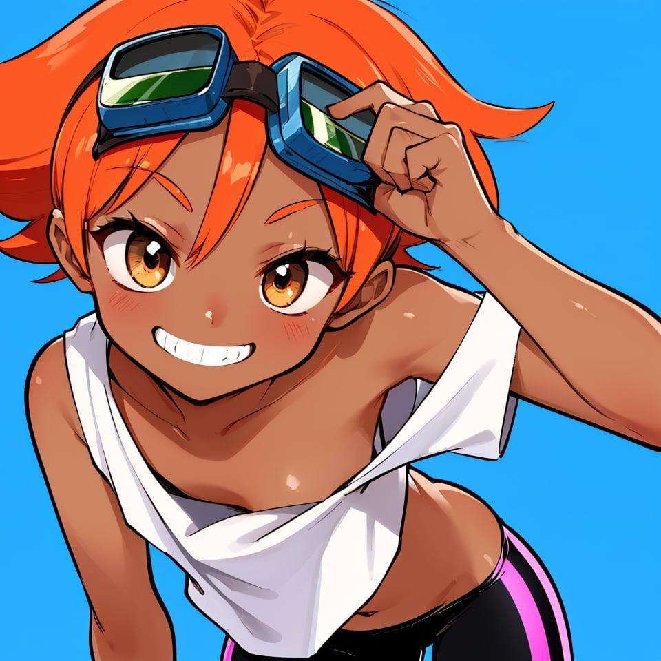 Edward, tanned skin, midriff, orange hair, (white loose tank top), off shoulder, 
bike shorts, brown eyes, goggles on head, 
big grin, leaning forward, hands behind back, 
standing, blu sky background, upper body, 
 (insanely detailed, beautiful detailed face, masterpiece, best quality
 ,