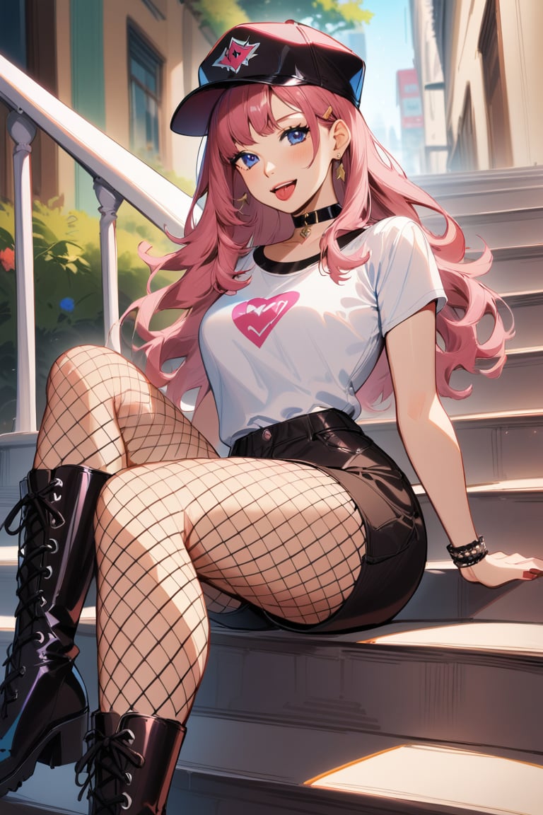 B0gl4rka_4ntal, 1girl, fishnet pantyhose, hat, fishnets, boots, pink hair, black shorts, sitting on stairs, long hair, lipstick, makeup, choker, black footwear, red lips, blue eyes, shirt,score_9