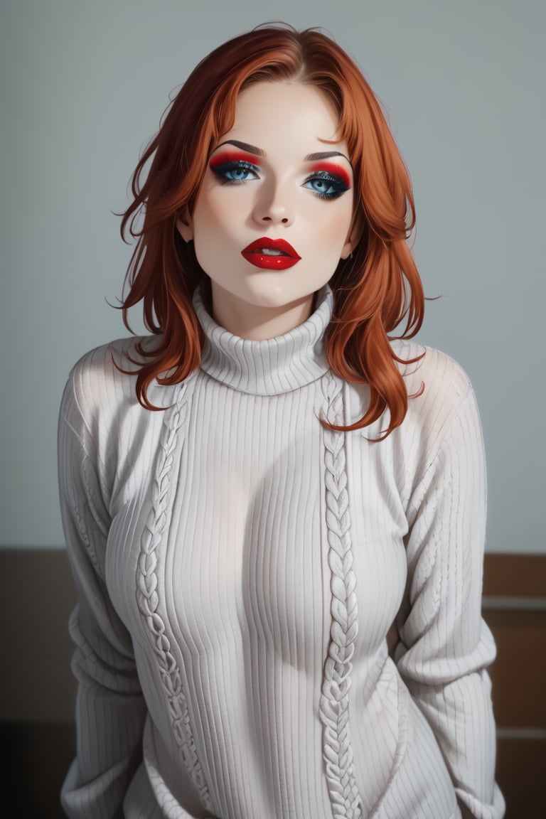 r4luc4, red hair, makeup, blue eyes,red lipstick,meme_attire,virgin_destroyer_sweater