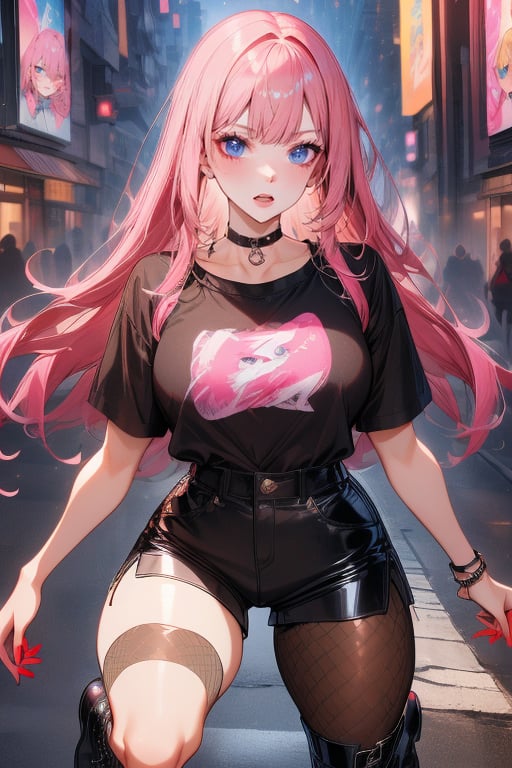 B0gl4rka_4ntal, 1girl, fishnet pantyhose, fishnets, boots, pink hair, black shorts, long hair, lipstick, makeup, choker, black footwear, red lips, blue eyes, shirt,jack