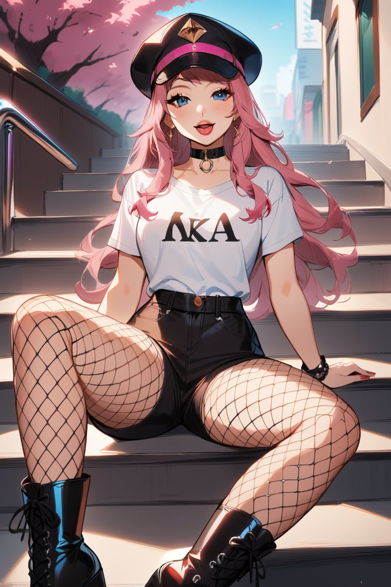 B0gl4rka_4ntal, 1girl, fishnet pantyhose, hat, fishnets, boots, pink hair, black shorts, sitting on stairs, long hair, lipstick, makeup, choker, black footwear, red lips, blue eyes, shirt,score_9