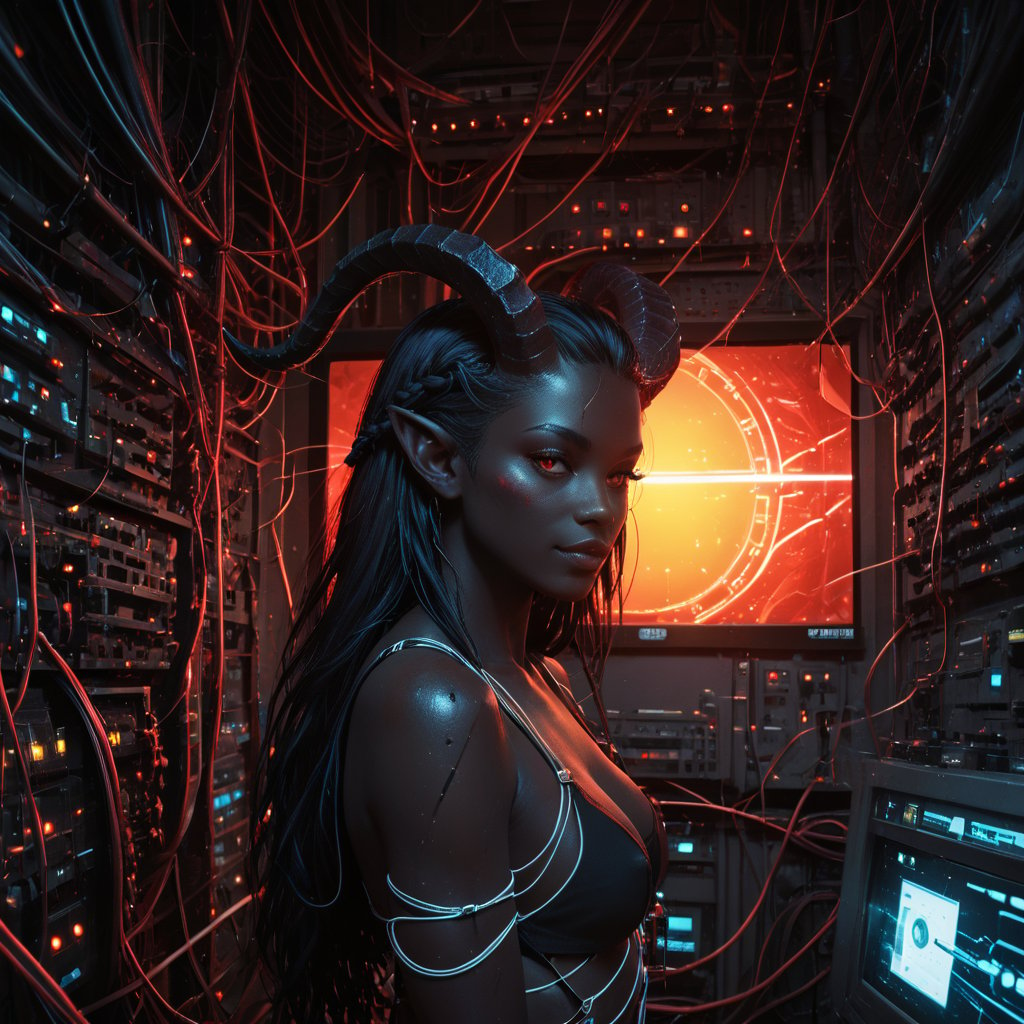 score_9, score_8_up, score_7_up, score_6_up, score_5_up, score_4_up,d3pr3ss1v3_m4ch1n3s,Science fiction, televisions everywhere, cables everywhere,red lighting,monster girl,black skin,No face,Horns