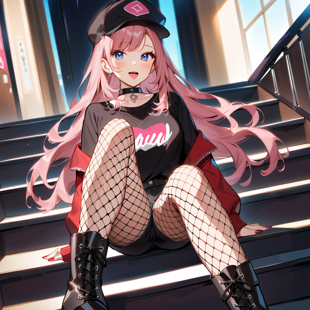 B0gl4rka_4ntal, 1girl, fishnet pantyhose, hat, fishnets, boots, pink hair, black shorts, sitting on stairs, long hair, lipstick, makeup, choker, black footwear, red lips, blue eyes, shirt