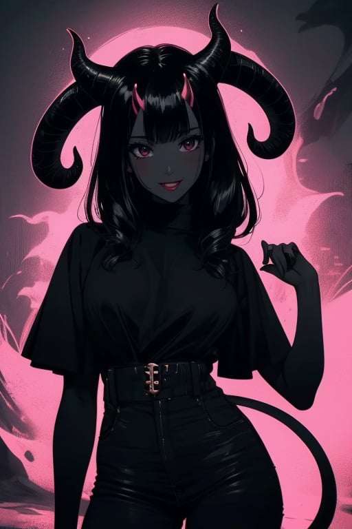 monster girl,black skin,No face,Horns,Tail,Strange smile,0sc1ll4t0r