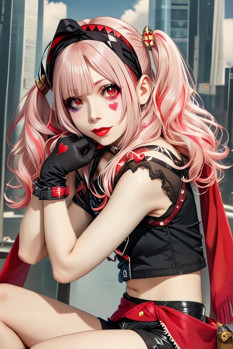 kylyn, two-tone hair, pink hair, red hair, pigtail hair, black headband, red lipstick, heart on the face, black shirt, showing the shoulders, showing the stomach, black gloves, black shorts, red scarf around the waist,sdxl-hippyramid,back view,top-down_bottom-up wide spread legs