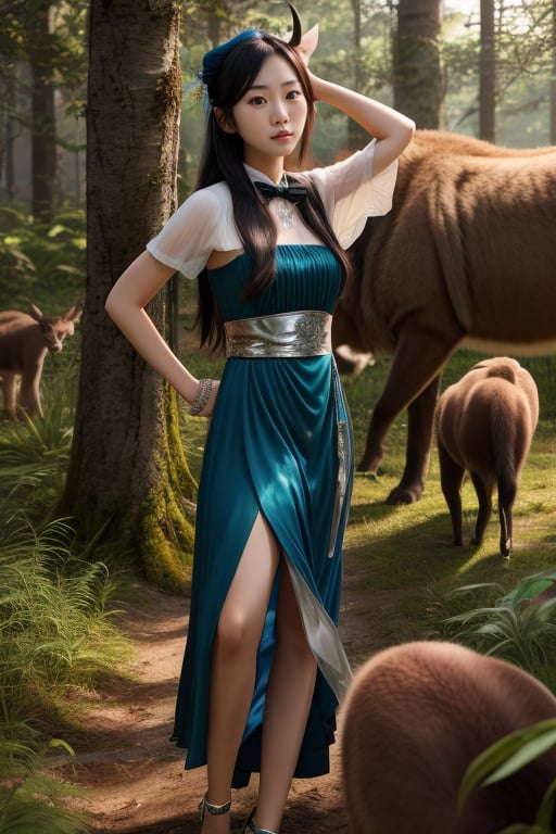 1girl, asian, long blue dress, silver high heels, black long hair, forest background, many animals in background, 8k, high_resolution, high quality, realistic,Photorealistic,venti (genshin impact)