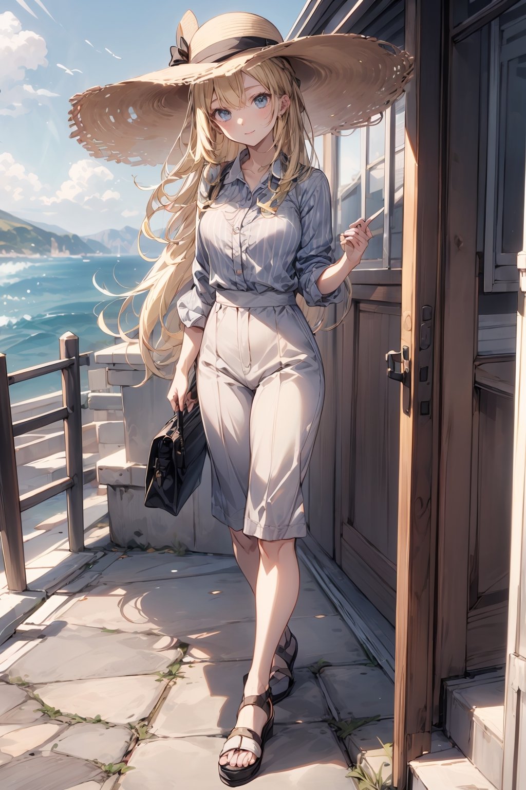 //Character
1girl, masterpiece, best quality, aesthetic, 
(long blonde hair:1.6), (close-up:1.1), 
BREAK
//Fashions 
Nautical Chic - Greek Cabin Attendant,
BREAK
Striped Blouse and Culottes,
Capture the essence of the Greek seaside with a striped blouse paired with comfortable culottes,
BREAK
Enhance the look with a stylish sun hat,
adding a touch of glamour to the nautical theme,
BREAK
Espadrille Wedges,
Choose espadrille wedges for footwear, perfect for a coastal-inspired cabin attendant ensemble,
BREAK
