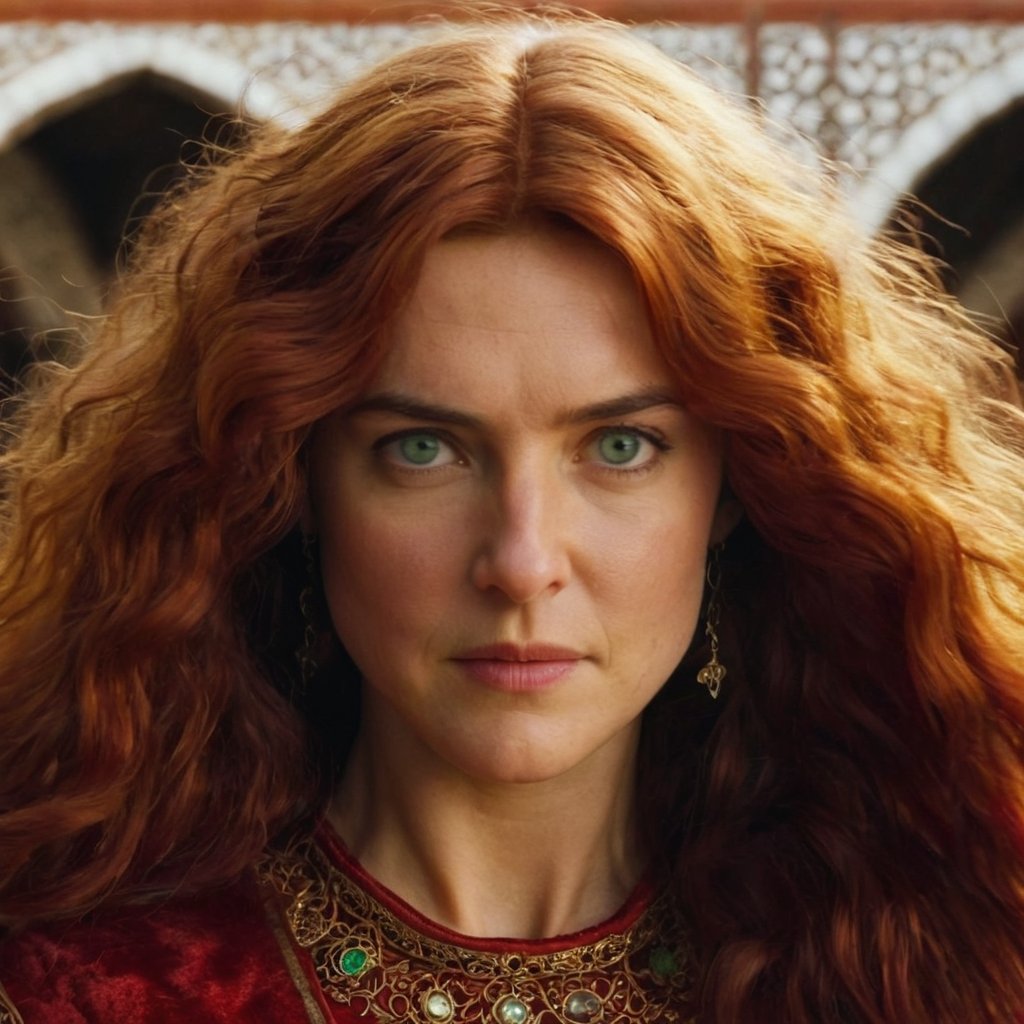 ((green eyes)), 30 year old woman circlurar face, chin dimple, flared nostrils nose, almond eyes, squinted eyes, thin eyebrows, high cheekbones, hollow cheekbones, fiery red hair, (young Jennifer Connelly:0.3), (Vanessa Kirby:0.5), medieval movie screenshot, very long hair, hair past waist, fiery red hair, very curly hair, red velvet  fabric loose wide round inner dress with gold embroidery on edge of neckline, colorful royal medieval white outer sleeveless cloak, moroccan golden necklace, moroccan fashion inspired, byzantium inspired, early medieval inspired, standing in the byzantine inspired terrace, (looking angry at the camera)