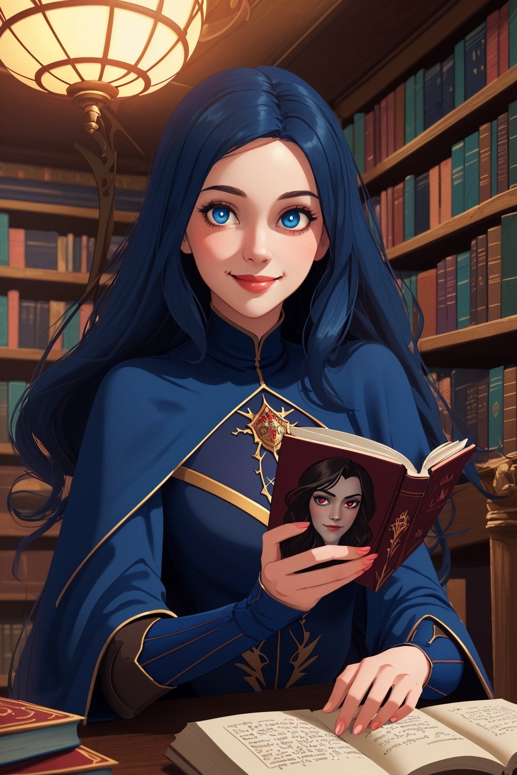 (masterpiece, best quality:1.5), (alluring vampire), ((reading book)), (chill pose)), charming girl, dark fantasy, abandoned room, cobwebs in the corner, ((looks at the camera)), slim body, perfect face, highly detailed, masterpiece, digital illustration, 3d render (medieval), octane render, cinematic, beautiful hands, dynamic composition, (beautiful eyes), ((red pupils)), smooth hair, dream-like beautiful girl, perfect, dynamic pose, (smile pleasure), soft outfit, (dark blue radiant colors:1.3), glowings, whimsical, ((fantasy library)), (illustration on the book), ((dark fantasy colors)), (magic glowings), ((night)), close up