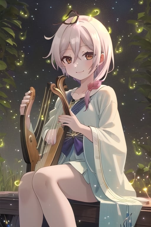 (masterpiece, best quality, highres:1.3), lute,cute face, musical, harp, (music notes floating in the ar), fantasy, harmony, melody, soft, night time, (fireflies:1.3), (serene background:1.3), vivid color, sitting, (magical, musical aura:1.3), smile softly, forest, leaf, bird on head, nature, sitting, looking at viewer, Sella_fk, long hair, hair between eyes, hair over shoulder,