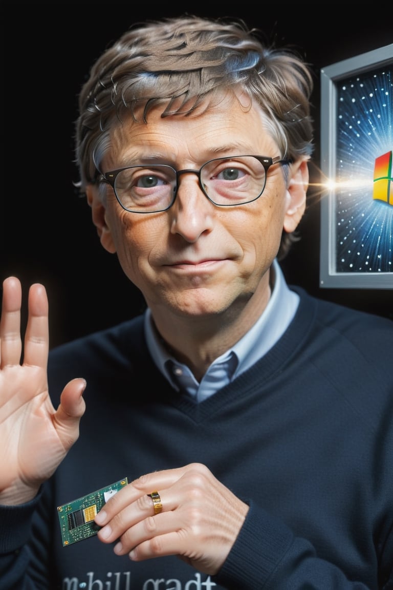 painting,  medium shot of a Glittering (Bill Gates) holding a small metallic Windows operating system logo,  perfect eyes...