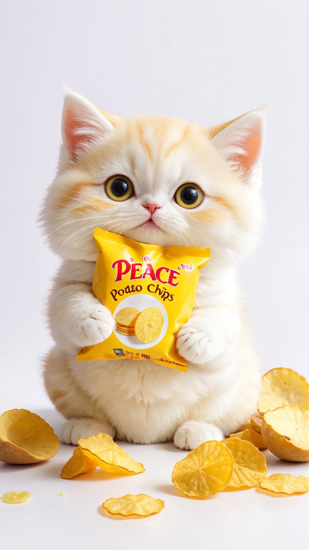 A cute fluffy big eyes so charming and adorable little fuzzy yellow white fat kitten,  holding a peace potato chips enjoy...