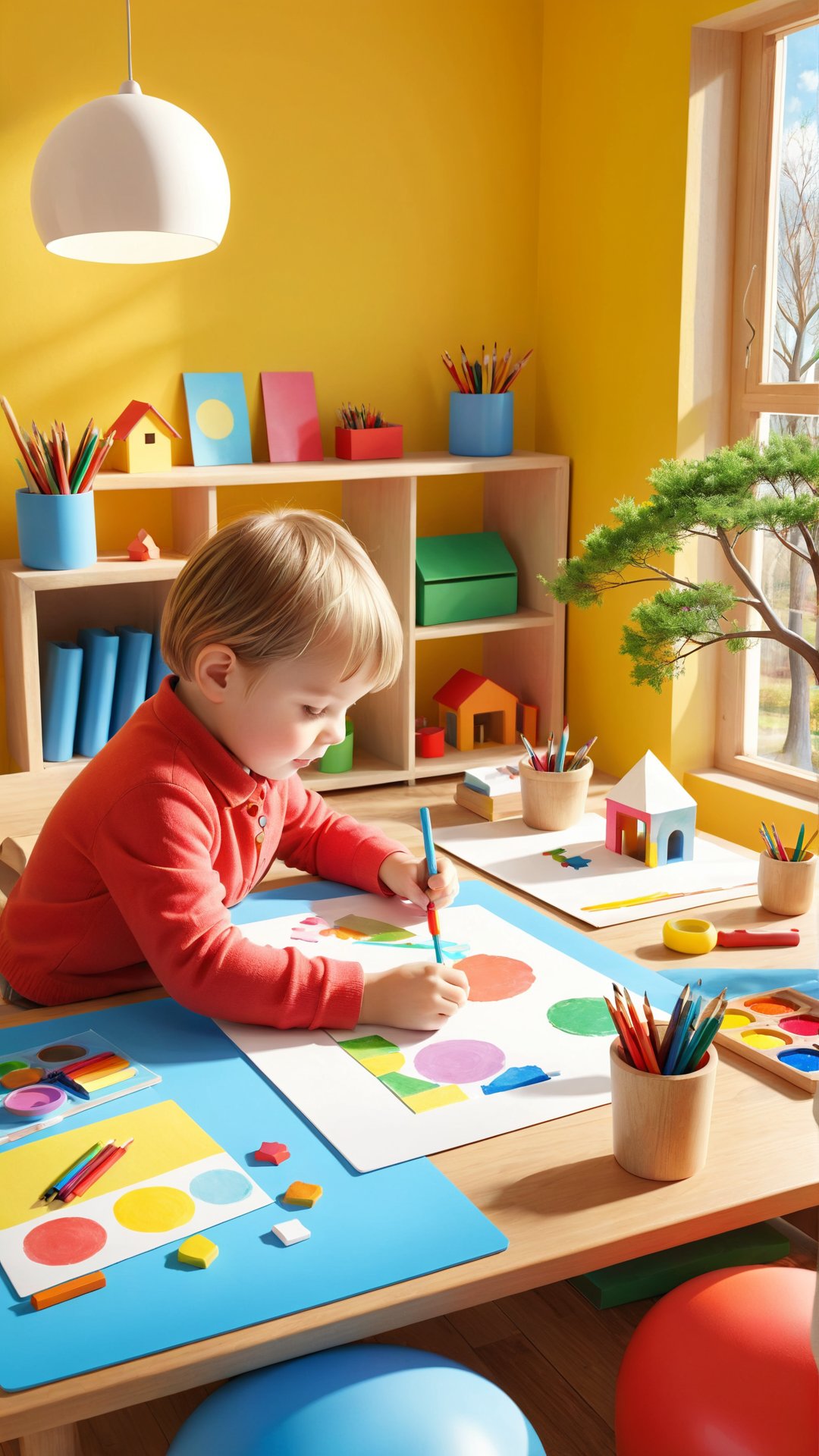 Imagine and create an engaging scene of a young child drawing at a cosy,  sunlit table filled with colourful art supplies....