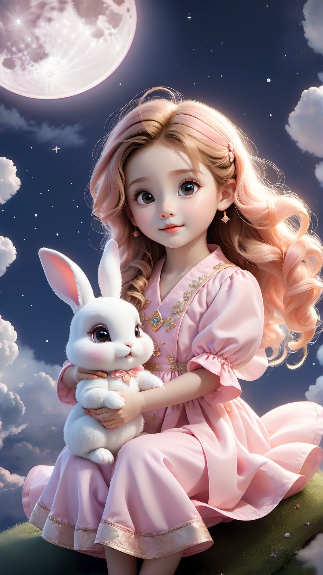 A cute little girl in pink traditional is holding an adorable white rabbit baby, sitting on the clouds with her face looking at you. The background of a full moon night and bright sky stars creates a dreamy atmosphere. She has big eyes, curly hair, rosy cheeks, orange , exquisite details, and high-definition wallpaper. 