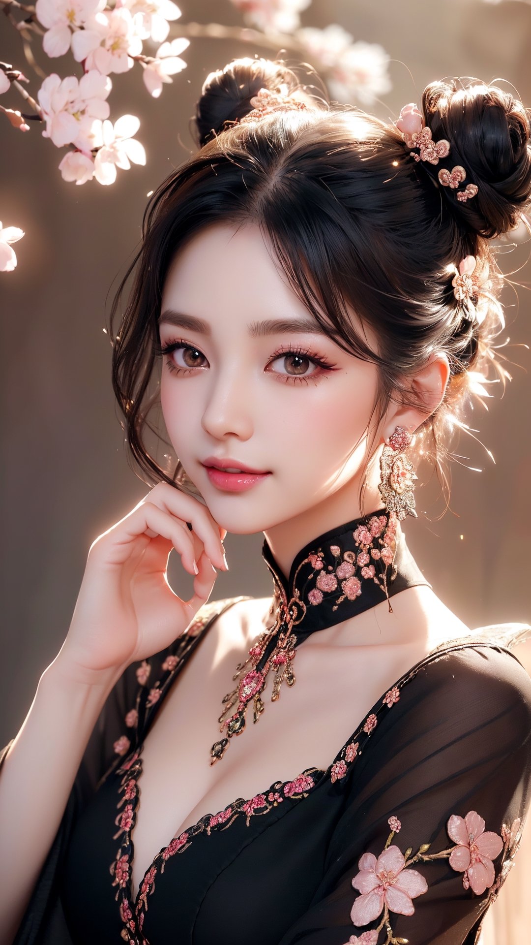 Antique, high detail, 8k resolution, Full body photo, ultra - high resolution, the best picture quality beautiful girl, unique beauty, pour the country( ( bamboo shoot - shaped chest) , ( Chinese ancient style with exquisite bun hair long black hair) , antique hairstyle, bangs, exquisite collarbone, beautiful makeup, exquisite and perfect facial features, watery big eyes, lying silkworms, long eyelashes, eyes sweet with eye shadow, slender waist, slender straight fingers( ( with a sweet smile: 1. 3) ) , lipstick, shut up and smile. Blush, exquisite earrings, face close - up, ( black Han suit fairy dress( with exquisite embroidery, large sleeve shirt) , bright color, fresh and natural, quiet and beautiful, extreme picture quality, highest precision, close - up, forward tilt, dynamic angle, cherry blossom background