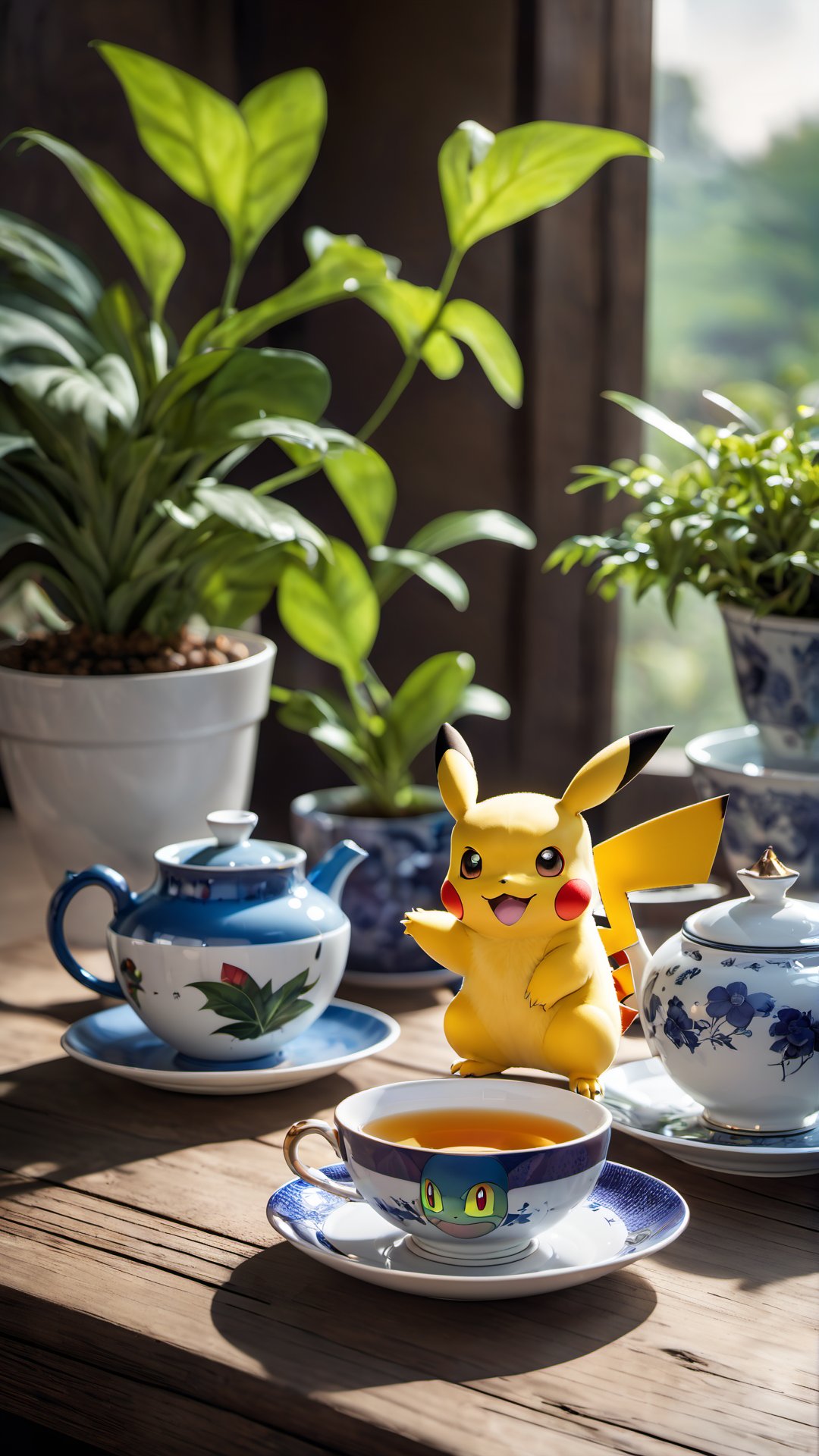 food, blurry, cup, pokemon \(creature\), no humans, leaf, table, plant, teacup, bowl, potted plant, teapot, tea, egg, saucer, wooden table