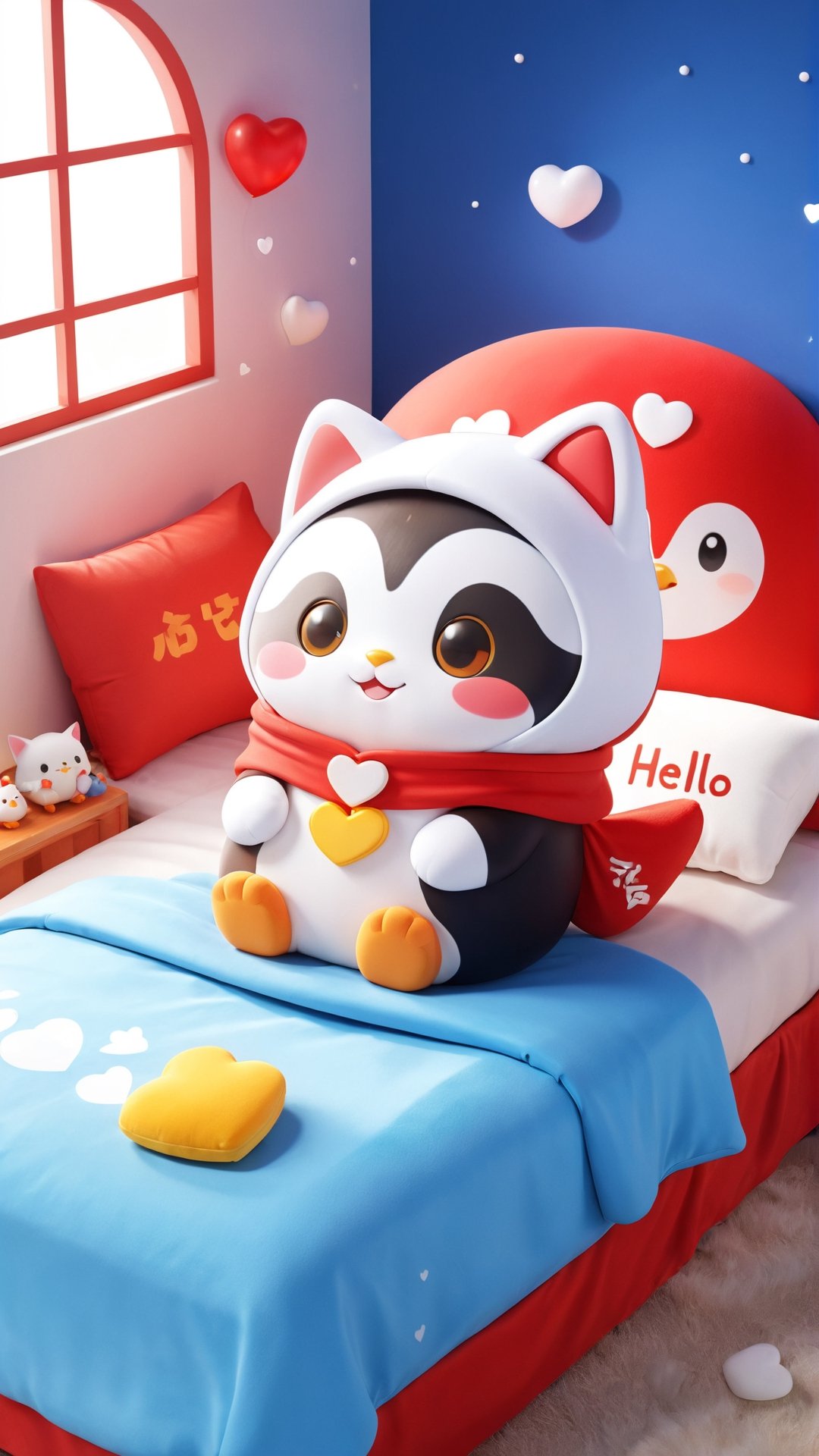 The mascots of "Red Cliff" include a cute kitten wearing a full mascot costume, a little penguin mascot costume with "Hello" written on it, a cute hood on his head, and his whole body covered in mascot costumes. Naughty and happy smile, sleeping on cozy fluffy bed, little hearts floating around, isolated lighting, 3d style, Xxmix_Catecat, cat