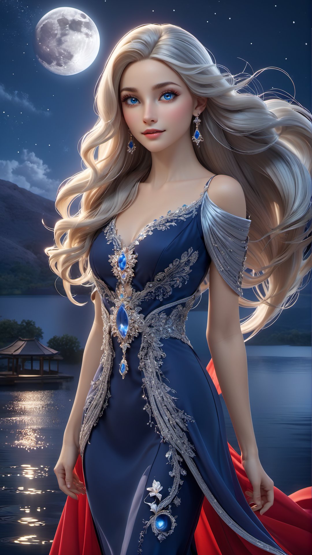 A stunning 3D render of the character Lilia, a graceful and mysterious woman. Lilia has long, flowing silver hair and enchanting deep blue eyes. She is adorned with elegant jewelry and a flowing, ethereal red dress that shimmers like the night sky. The background shows a serene night scene with a full moon, a calm lake, and a starry sky above. The overall atmosphere is magical and captivating, as if Lilia herself embodies the essence of a celestial being., photo, 3d render