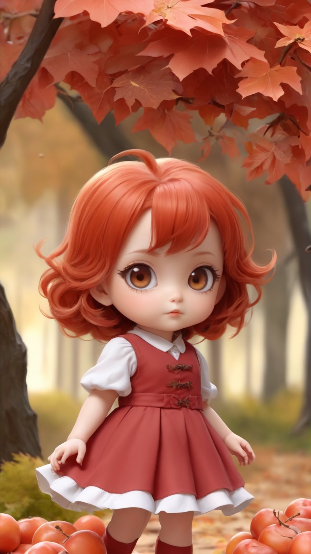 Side view, Autumn style, realistic high quality red Persimmon tree, apples full the branch, maple leaves falling, 1girl, big eyes so charming, happy, ((best quality)), ((masterpiece)), ((best quality)),  ((highres)), ((high quality)), ((ultra high quality)), ((ultra detailed)), 1girl, Coral hair, spiralcurl, Coral eyes, ((😄:2.0)), Coral dress, standing, ((Chibi)), ((baby face)),Chibi