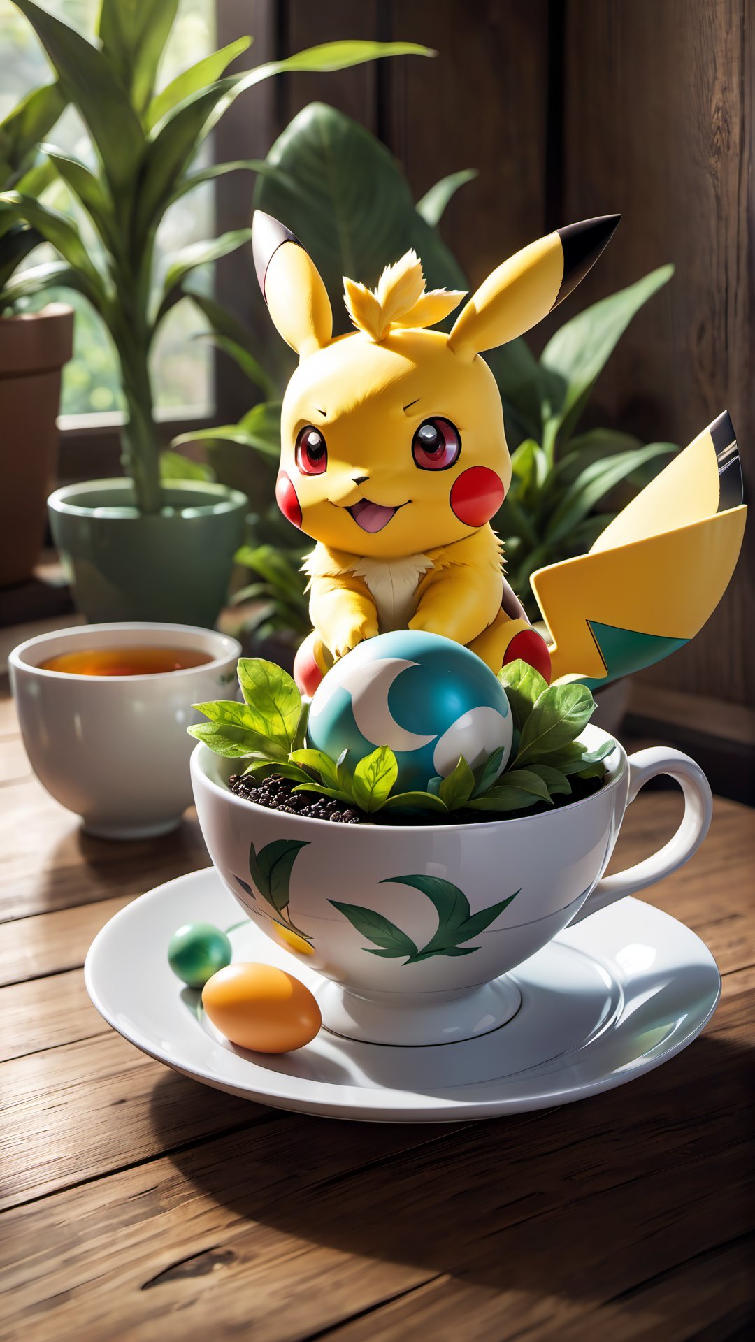 food, blurry, cup, pokemon creature, no humans, leaf, table, plant, teacup, bowl, potted plant, teapot, tea, egg, saucer, wooden table, Pokémon, anime 