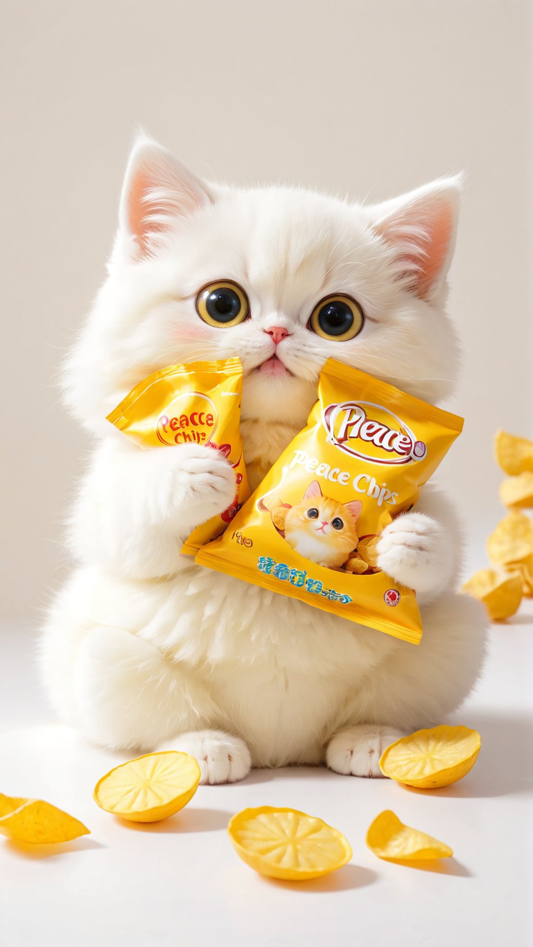A cute fluffy big eyes so charming and adorable little fuzzy yellow white fat kitten,  holding a peace potato chips enjoy...
