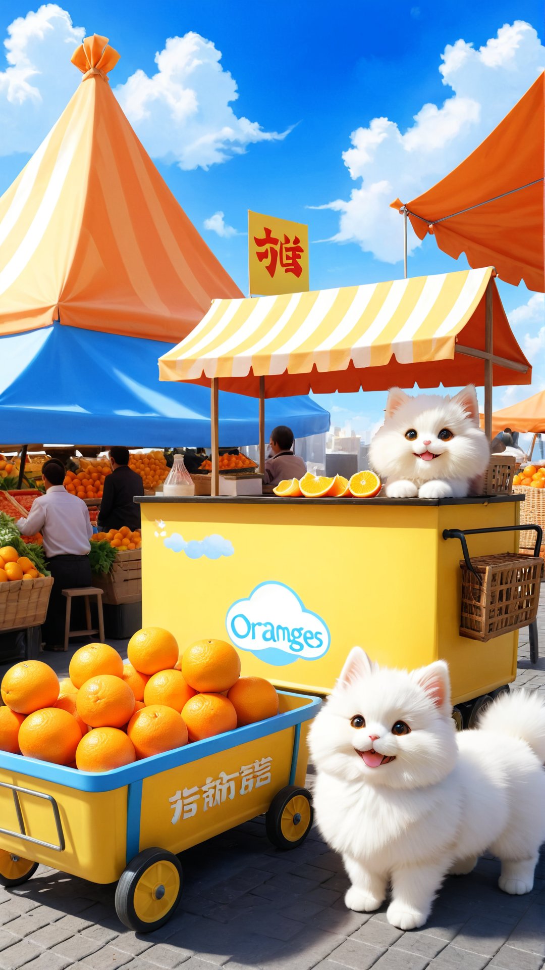 Blue sky beautiful clouds, photography, street  market scenery , a cute fluffy little fuzzy pet stand next to a cart, smiling and enjoying,sell oranges