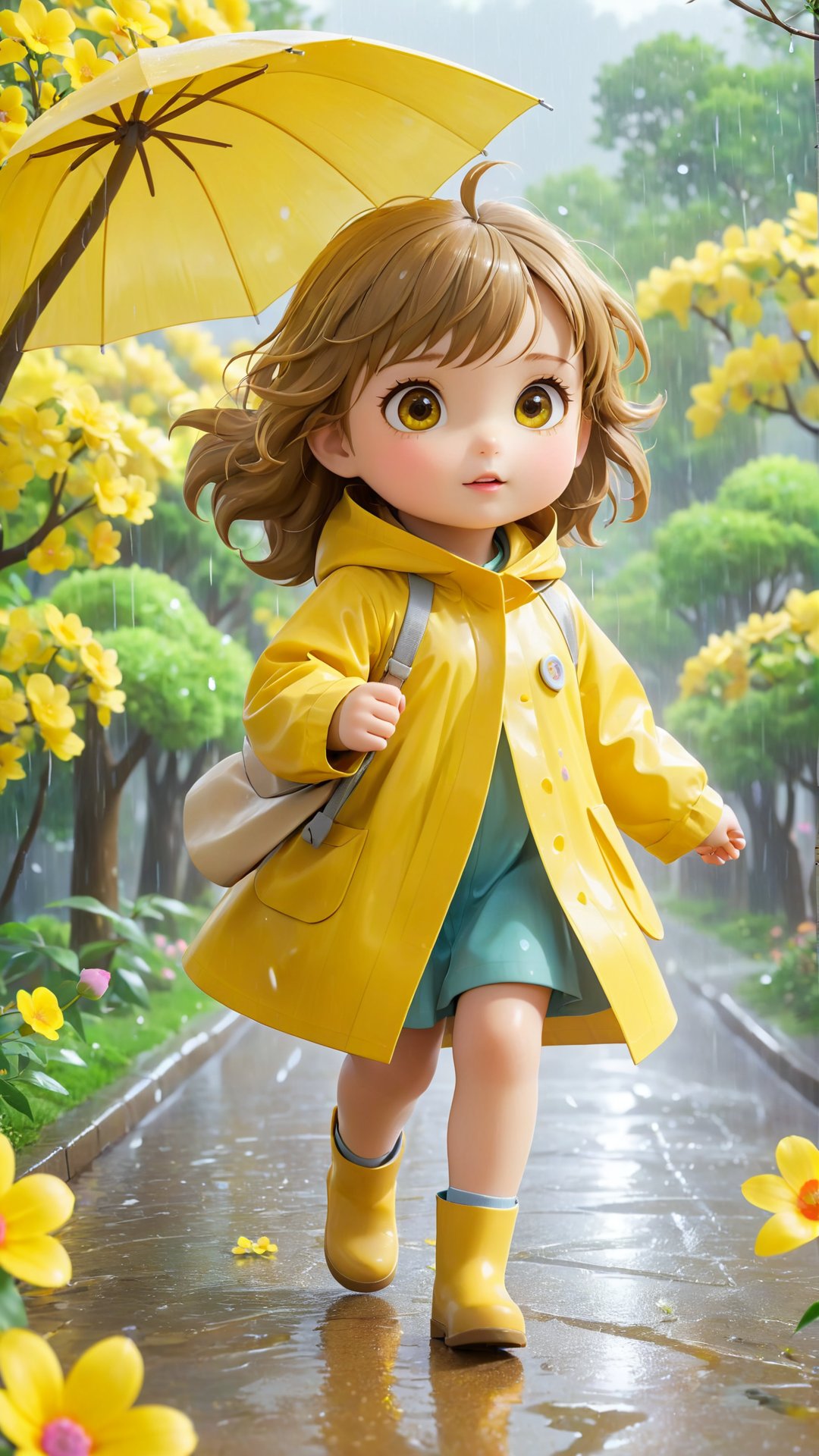 Pixar anime movie scene style,The typhoon is coming.The sky is clouded over, A beautiful eyes so charming and light brown hair adorable cute little girl is wearing a yellow raincoat and walking on the street in the wind and rain. The wind and rain are heavy, and the flowers and trees are bent by the wind and rain.Trees bent by the wind by the roadside as background.