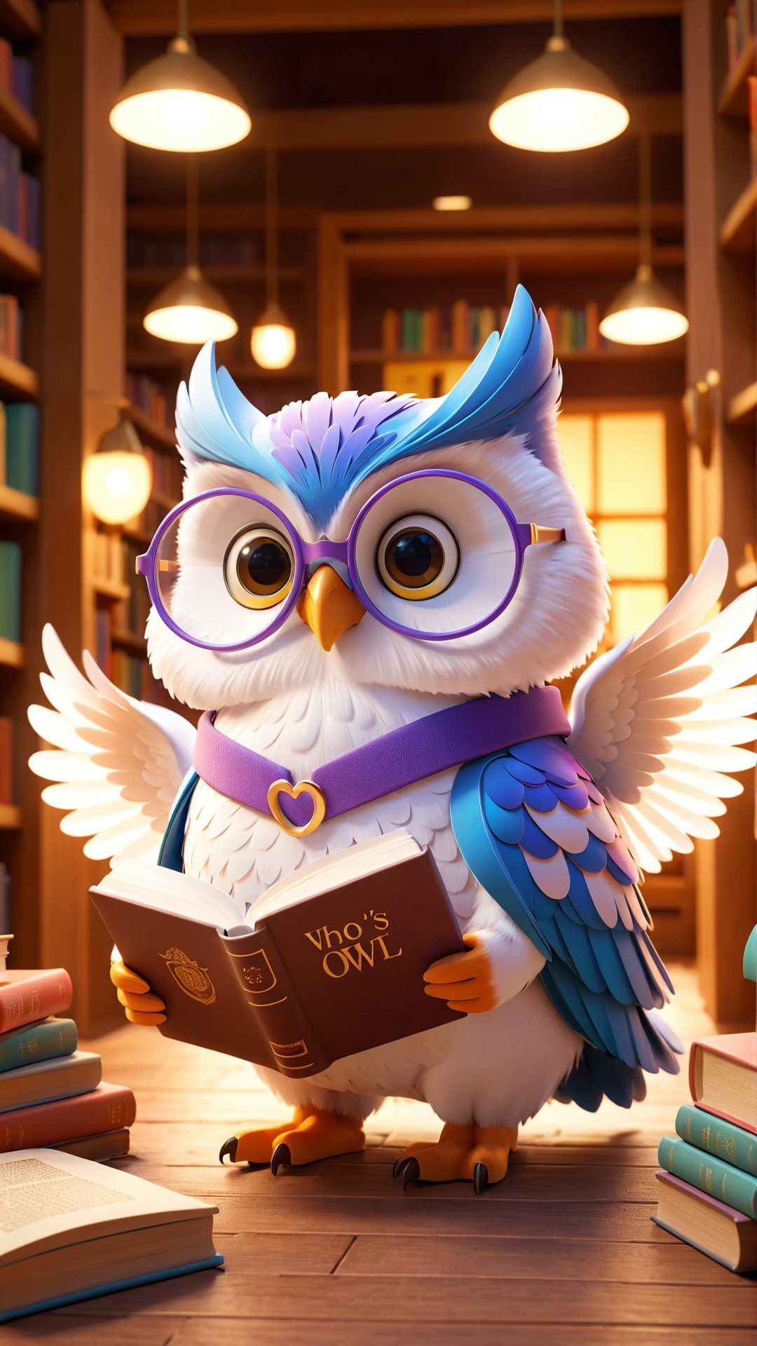 A vibrant 3D render of a wise-looking owl librarian, wearing tiny glasses and intently flipping through a massive book titled 'Whoo’s Who in Literature.' The owl's wings are gracefully organizing books on the shelves behind it. The background features a warm, inviting library atmosphere, with soft lighting that emphasizes the owl's presence. The caption, 'Knowledge is a Hoot!' is displayed prominently in a playful, whimsical typography., typography, 3d render, vibrant