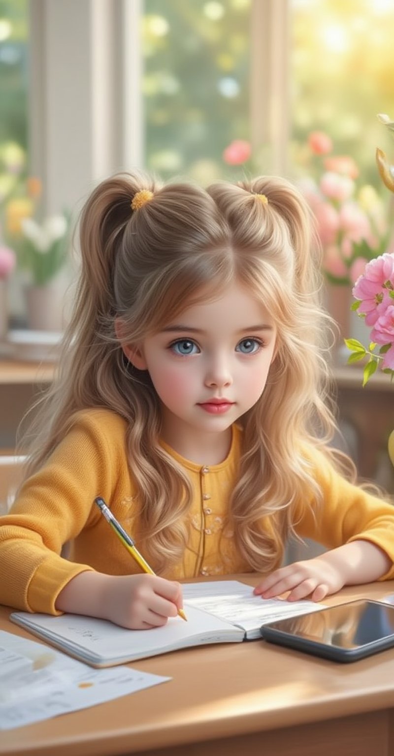 A cute beautiful eyes so charming and adorable young girl looks at her notebook,  which she is writing with a pencil,  doi...
