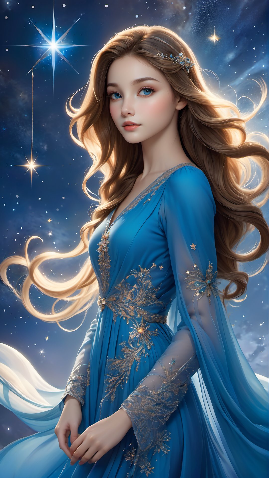 A graceful and enchanting illustration by artist Paola Salome, featuring a young girl adorned in a delicate, intricately-designed dress. The girl has a captivating gaze, and her long, flowing hair is a vibrant shade of blue. A halo of stars surrounds her head, giving the image an ethereal and magical feel. The background is a dreamy, star-filled sky, creating a sense of wonder and enchantment.