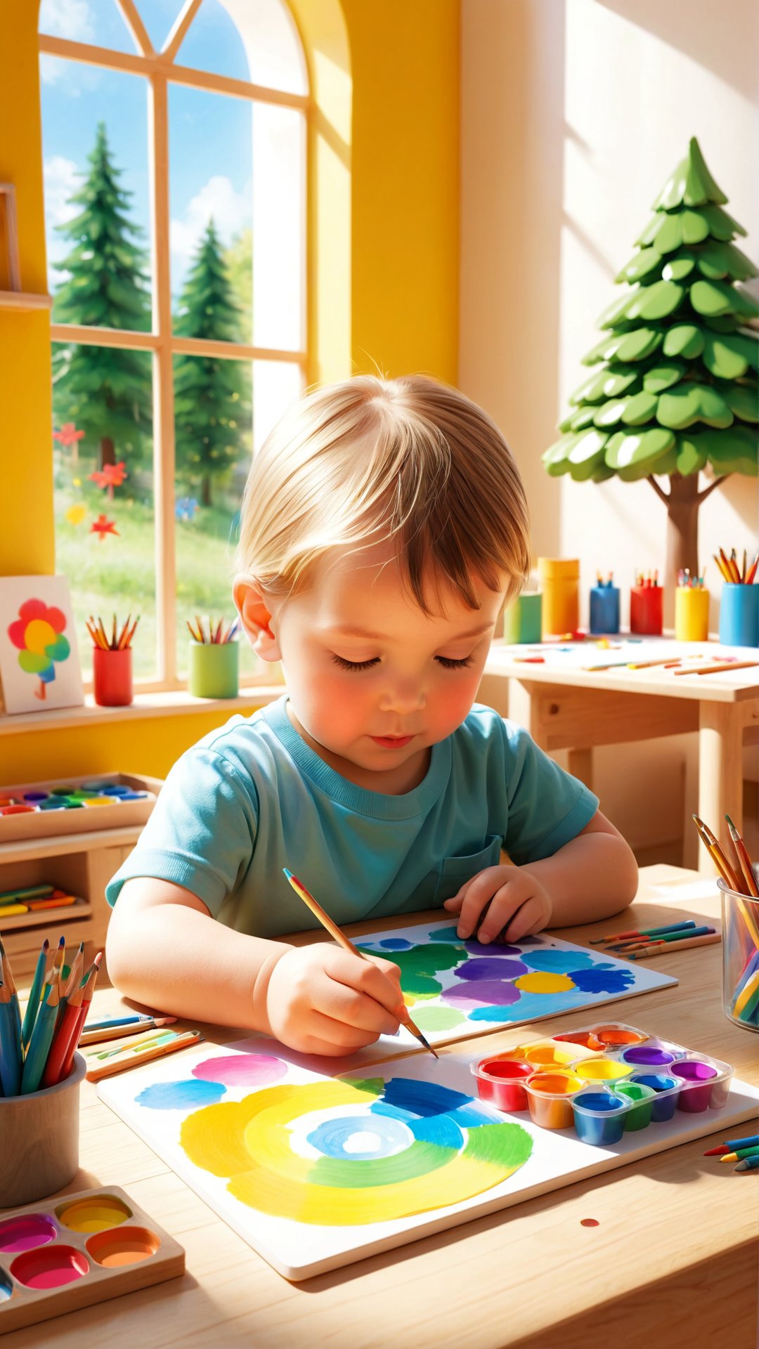 Imagine and create an engaging scene of a young child drawing at a cosy,  sunlit table filled with colourful art supplies....