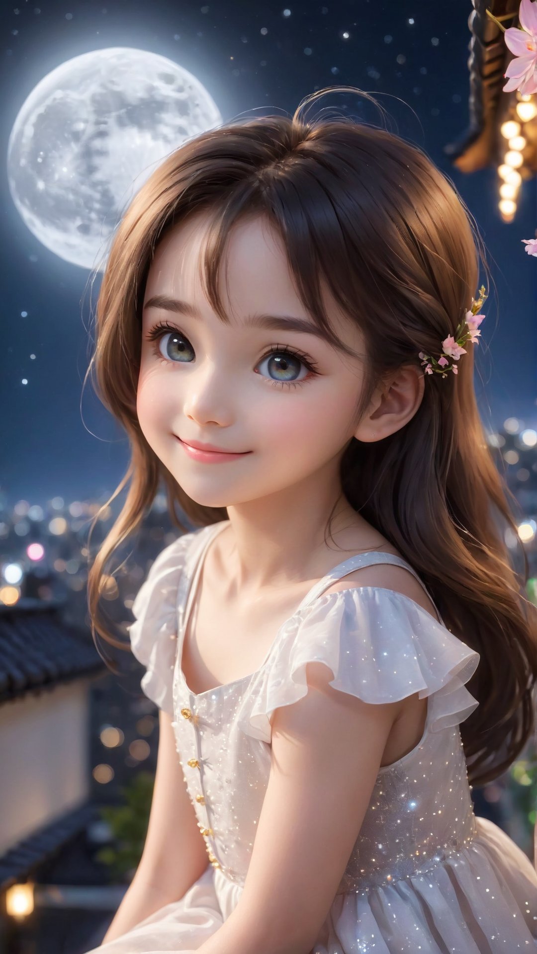 https://s.mj.run/ScKtPHY5ybo Side view shot, full body, Night style, moon, a cute little girl clear details and charming eyes lying on the roof looking forward city lighting, smiling happily and enjoy the best moment, depth of field, flowers blooming fantastic romantic bokeh background ,portraitart,xxmix_girl,Anime 