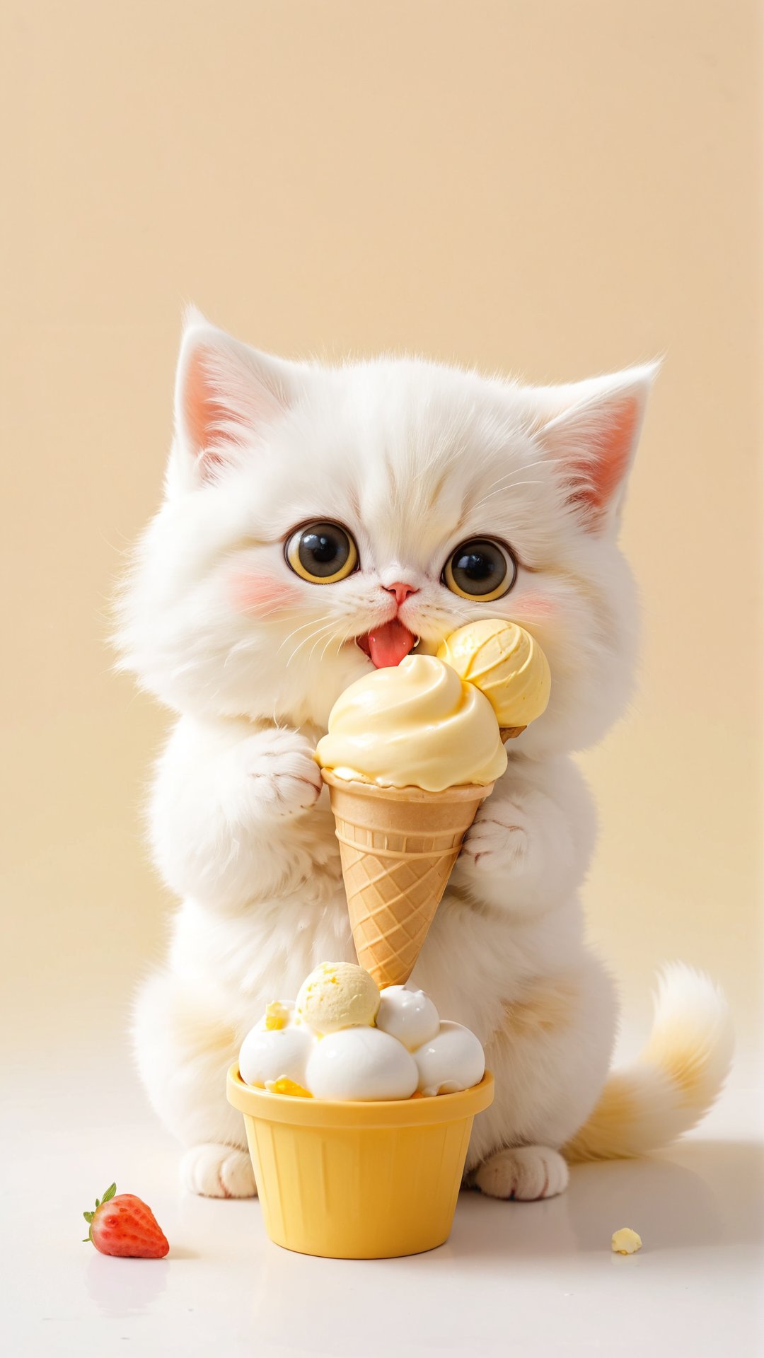 A cute fluffy big eyes so charming and adorable little fuzzy white and yellow fat kitten,  holding a little ice-cream enjo...