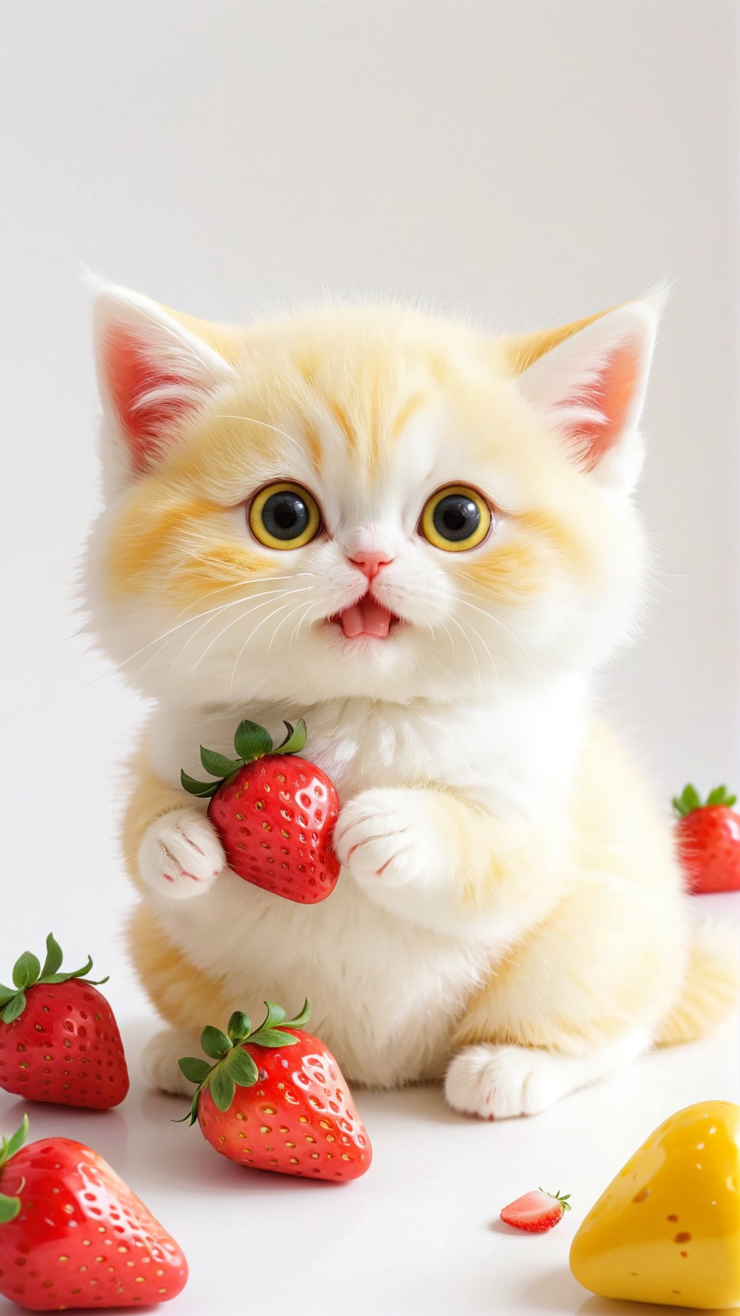 A cute fluffy big eyes so charming and adorable little fuzzy yellow white fat kitten,  holding strawberries enjoy to eat,...
