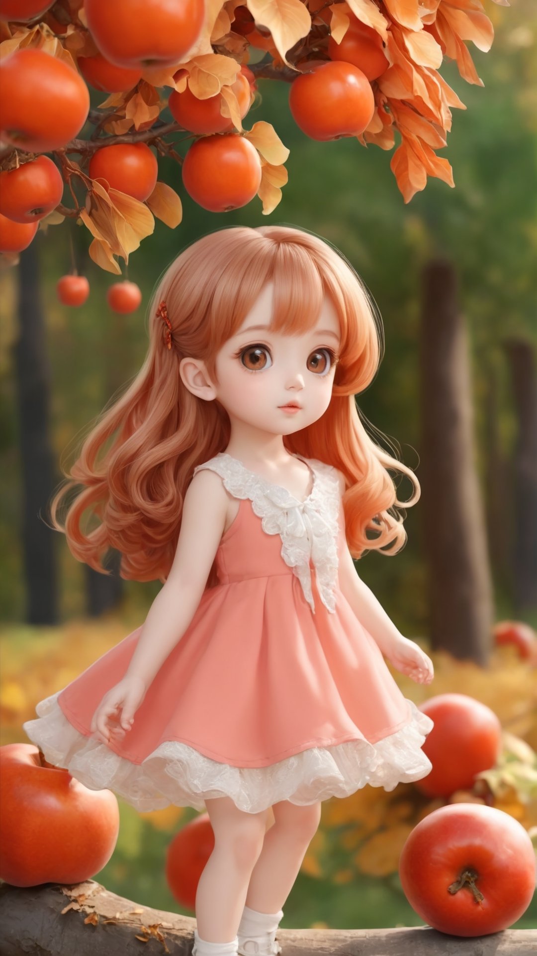 Side view, Autumn style, realistic high quality Persimmon tree, apples full the branch, maple leaves falling, 1girl, big eyes so charming, happy, ((best quality)), ((masterpiece)), ((best quality)),  ((highres)), ((high quality)), ((ultra high quality)), ((ultra detailed)), 1girl, Coral hair, spiralcurl, Coral eyes, ((😄:2.0)), Coral dress, standing, ((Chibi)), ((baby face)),Chibi