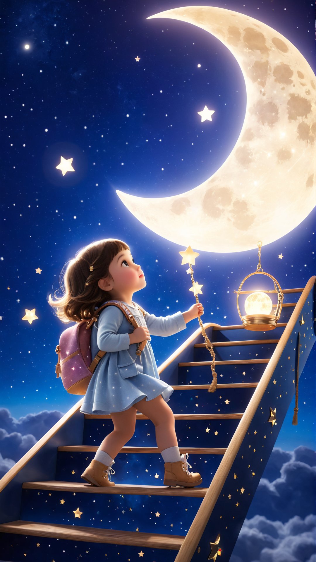 una niña de perfil subiendo una escalera de madera con una mochila llena de estrellas brillando, intenta atrapar la luna con sus manos, la luna ilumina su rostro, fondo del espacio, estilo cinematográfico realista