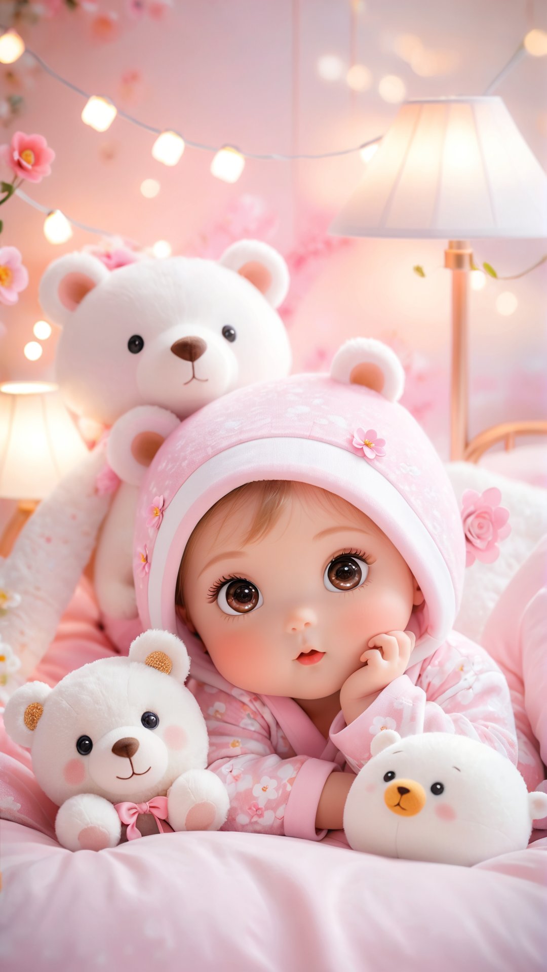 Flowers bloom, A beautiful adorable little baby girl, big beautiful charming eyes, wearing pink and white pajamas hug a cute small fuzzy bear toy lying in the soft bed, lamps lighting soft, so sweet and playful and enjoy, charming.lovely portrait photography, flowers bloom bokeh background, depth of field.