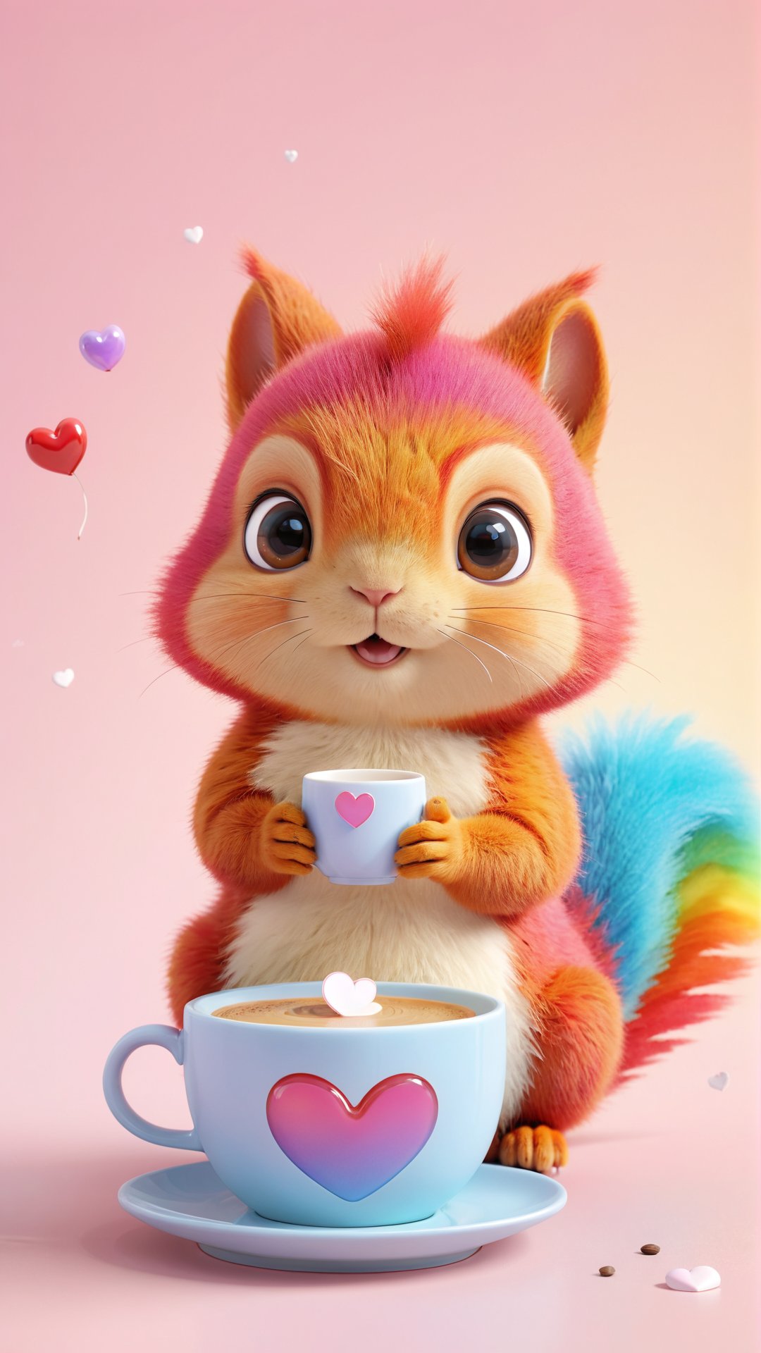 Pixar anime movie scene style , 3d render, A charming of a small rainbow-colored squirrel from India, known as the Indian little fuzzy Rainbow Squirrel Baby, with an empty coffee cup and a heart in delicate porcelain tea cup. Its soft fur and large curious eyes embody the innocence and wonder of this creature,3f render, high quality, cute and adorable  